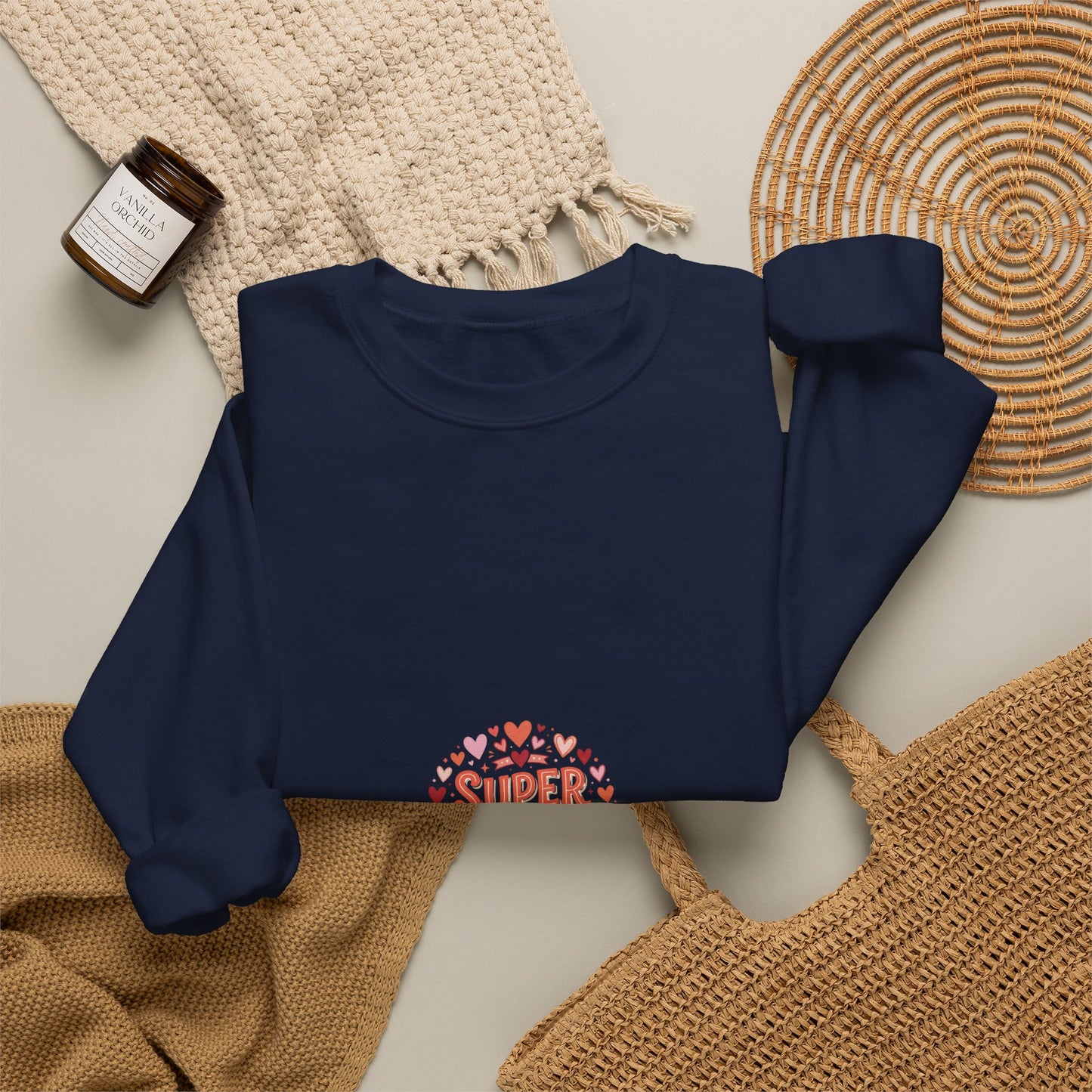 Crewneck Sweatshirt — "Super Mama" Heart Badge