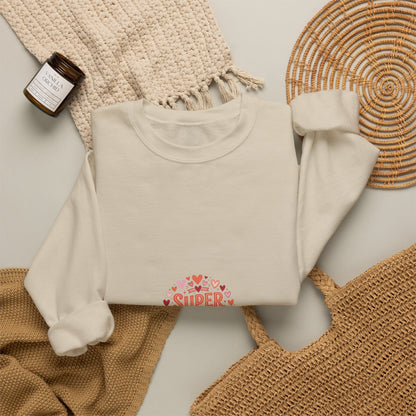 Crewneck Sweatshirt — "Super Mama" Heart Badge