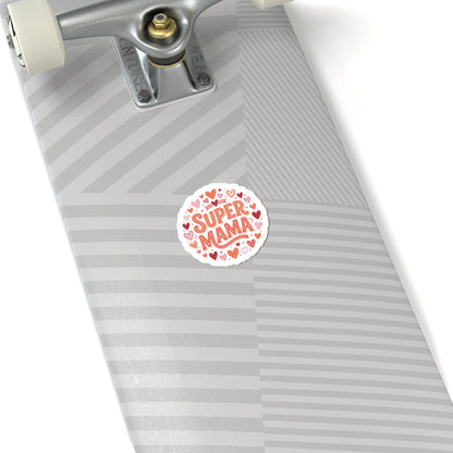 Super Mama Kiss-Cut Sticker — Heart Pattern Laptop Decal for Moms, Mother’s Day Gift
