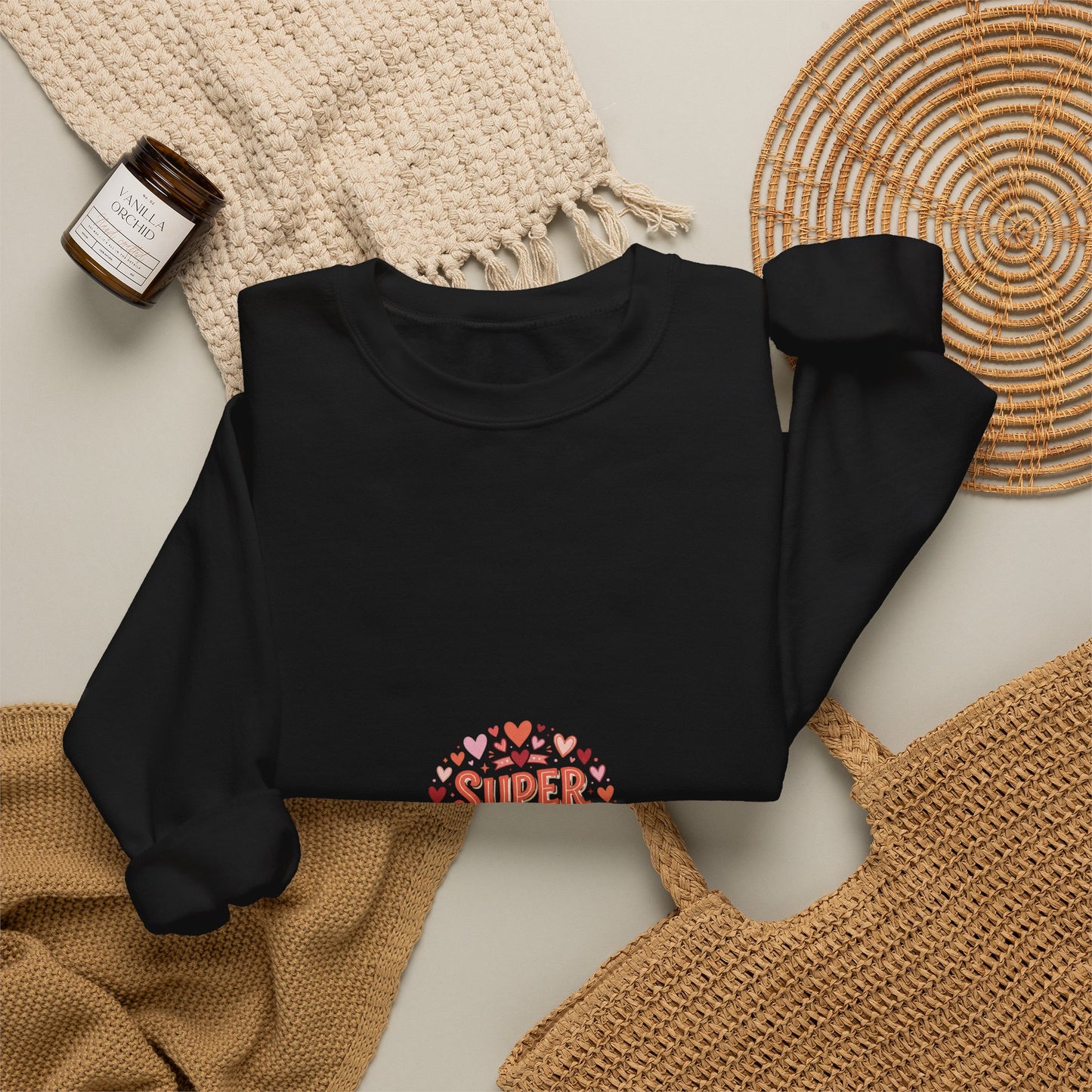 Crewneck Sweatshirt — "Super Mama" Heart Badge