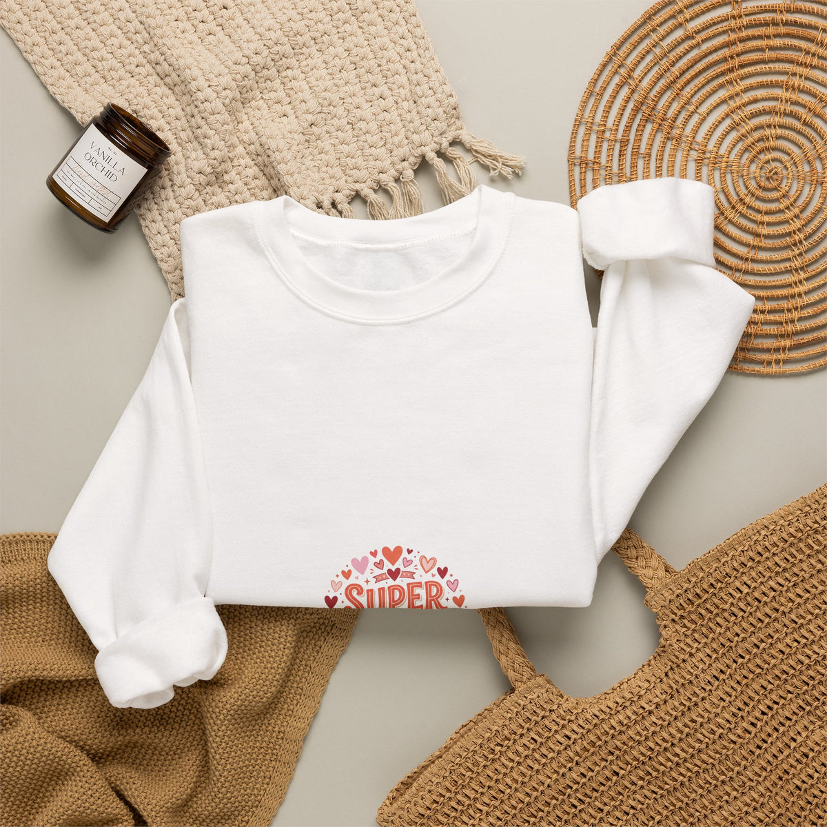 Crewneck Sweatshirt — "Super Mama" Heart Badge